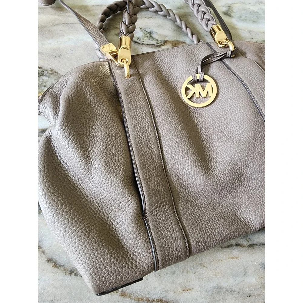 Michael Kors Naomi Taupe Pebbled Leather Braided Handle Satchel Crossbody Bag MK